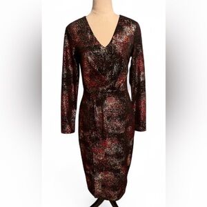 Christian Soriano Stunning Metallic V-neck Midi Dress Black/Multicolor NEW MED